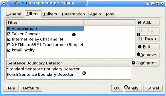 KDE's tekst-til-tale håndtering (fanebladet Filtre).
