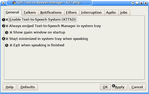 KDE's tekst-til-tale håndtering (fanebladet Generelt)