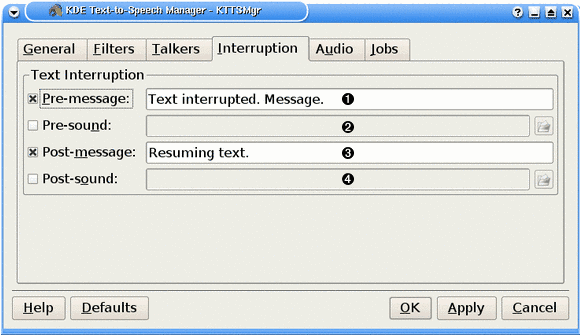 KDE's tekst-til-tale håndtering (fanebladet Afbrydelse)