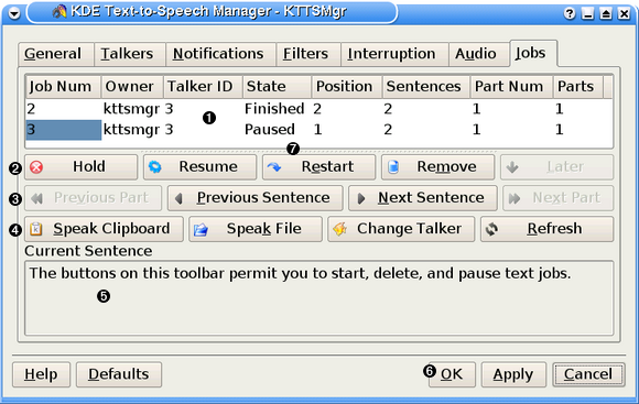KDE's tekst-til-tale håndtering (fanebladet Job)