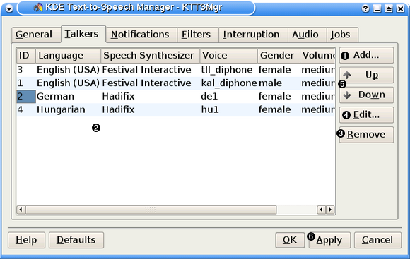 KDE's tekst-til-tale håndtering (fanebladet Oplæsere).