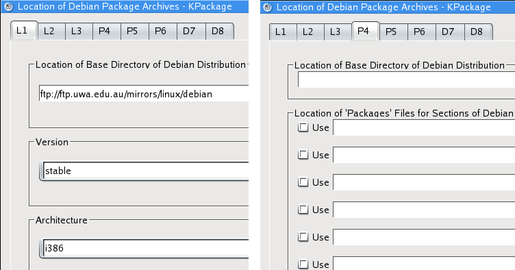 Debian DPKG sted-dialog: L og P paneler