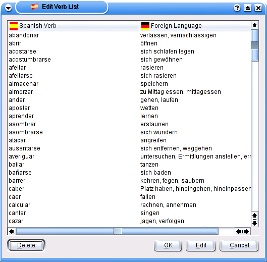 Her kan du se dialogen Redigér verbumliste, hvor brugeren kan redigere listen med verber.