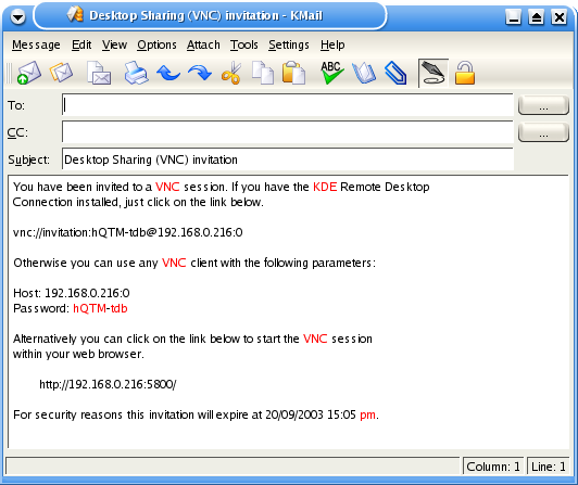 Eksempel på e-mail-indbydelse i Desktop Sharing