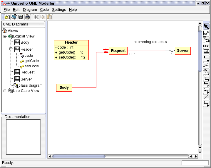 Umbrello UML Modeller som viser et klassediagram