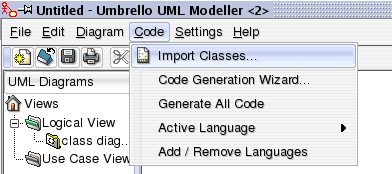 Menu til at importere kildekode til Umbrello UML Modeller