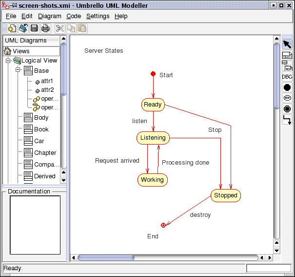 Umbrello UML Modeller som viser et tilstandsdiagram