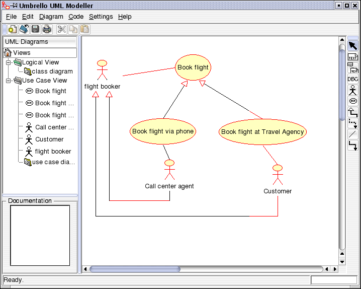 Umbrello UML Modeller som viser et brugstilfældediagram
